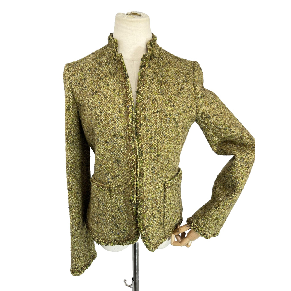 New J. Crew Blazer‎ Jacket Green Tweed Boucle Trim Lined Y2K Vtg Womens Size 6